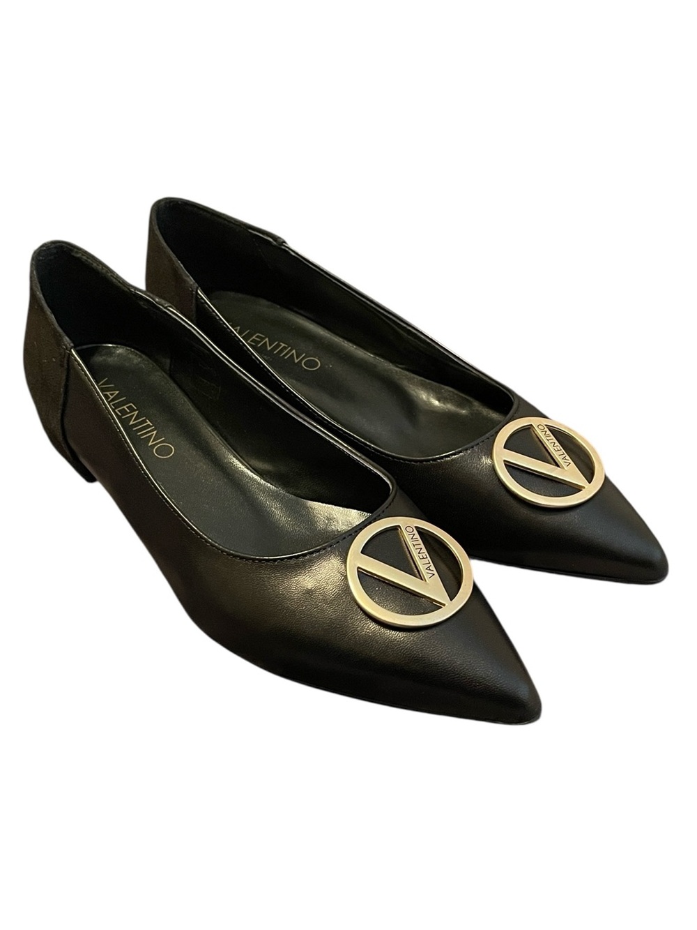 Valentino By Mario Valentino Black Leather Suede Pointed Toe V Logo Flats Size 8